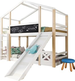 Łóżko piętrowe dla dzieci w kabinie - 2 x 90 x 200 cm - ze zjeżdżalnią, drabinką i stelażem - drewno - kolor naturalny i biały