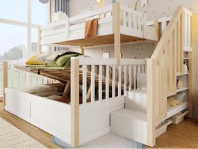Łóżko piętrowe 90x200cm + 140x200cm - z drabiną - z miejscem do przechowywania - biały + naturalny (materac nie jest wliczony w cenę)