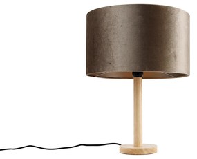 Lampa stołowa drewniana z aksamitnym abażurem taupe 35 cm - Mels Rustykalny / Vintage Oswietlenie wewnetrzne
