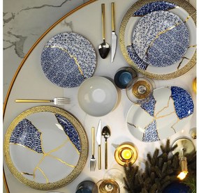 Porcelanowy zestaw obiadowy 28 elementów — biały/złoty/niebieski
