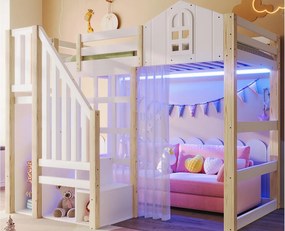 Łóżko na antresoli 140x200 cm - z oświetleniem LED - z drabiną schowkową - z przegrodami przechowawczymi - Biały + Naturalny