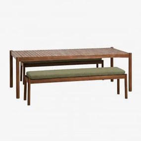 Zestaw Stołu Prostokątnego 220x100 Cm I 2 Ławek Do Jadalni Z Drewna Akacjowego Karvia Akacja Brąz & Bukla Szałwiowa Zieleń - Sklum