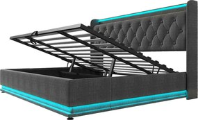 Łóżko 180x200 cm z pojemnikiem - Łóżko podwójne z oświetleniem LED i ładowaniem USB - Szary len - Bez materaca