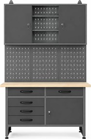 Stół warsztatowy z drewnianym blatem, panelem perforowanym i szafką ścienną ze Stali - szer. 120 x gł. 60 x wys. 205 cm - Szary BRICANO