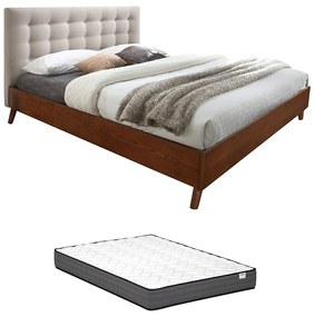 Łóżko 160 x 200 cm z tapicerowanym zagłówkiem - Tkanina - Beżowy + Materac - FRANCESCO