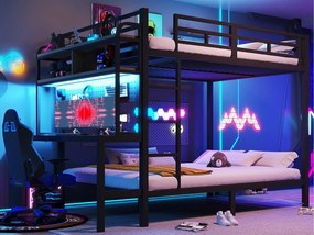 Łóżko piętrowe 140x200 cm - z przegródkami do przechowywania - z biurkiem - z oświetleniem LED - z portem USB - czarny​ (materac nie jest wliczony w cenę)