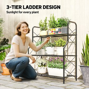Outsunny 3-poziomowy stojak na rośliny, 78 cm wysoki stojak na kwiaty z uchwytami, metalowy regał na rośliny, czarny | Aosom PL
