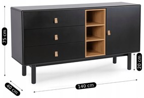 Komoda do Salonu CASTILLO 140 cm Czarna z Szufladami i Półkami Nowoczesna
