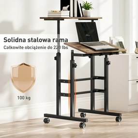 HOMCOM Biurko regulowane wysokości z półką, kółkami, biurko komputerowe Rustykalny-Brąz 60 x 60 x 70,5-120 cm