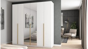 Szafa 6 drzwiowa z lustrem otwierana 240 x 240 cm – biała ze złotymi uchwytami