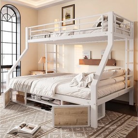 Łóżko piętrowe dla dzieci - 90 x 200 cm + 140 x 200 cm - z szafką na buty + schowkiem - metalowe - białe