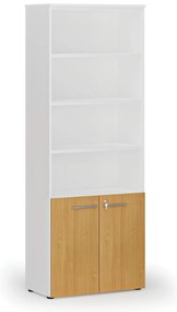 Szafa biurowa kombinowana PRIMA WHITE, drzwi na 2 poziomach, 800 x 420 x 2128 mm, biały/buk