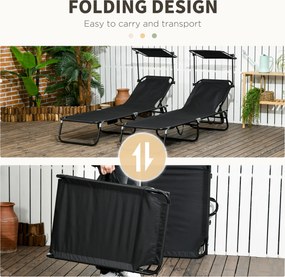 Outsunny Zestaw 2 składanych leżaków ogrodowych z daszkiem przeciwsłonecznym, 5-pozycyjnym regulowanym oparciem, czarny | Aosom PL