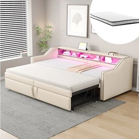 Rozkładana sofa rozkładana - 90/180 x 200 cm - z półkami do przechowywania + diody LED + USB - len + płyta MDF - beżowa (z 2 materacami)