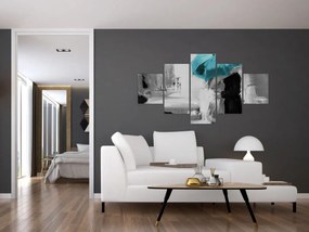 Obraz - Zakochana para z parasolem, niebieski (125x70 cm)