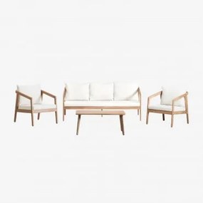 Zestaw Mebli Do Salonu Z Drewna Akacjowego Kaela Jasny Akacjowy Brąz & 3-osobowy & Tkaniny Gardenia Biel - Sklum