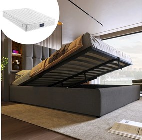Łóżko 160x200 cm z pojemnikiem na pościel - z zagłówkiem i schowkiem, USB, typ C, stelaż - szare - materac nie jest wliczony w cenę