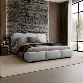BESILIO Łóżko z pojemnikiem i stelażem 180x200 Holi- łóżko podwójne tapicerowane, tkanina boucle, baranek - Jasnoszary
