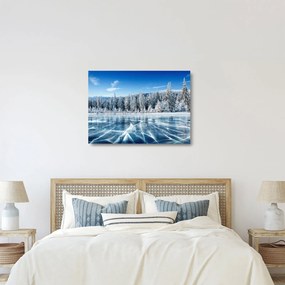 Obraz na szkle zamarzniętego jeziora i pokrytych śniegiem drzew (70x50 cm)