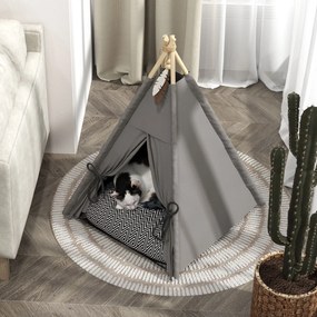 PawHut Tipi Namiot dla zwierząt, łóżko w formie namiotu tipi dla kota, namiot dla kota z poduszką, łóżko dla psa do spania, łóżko dla kota, szary