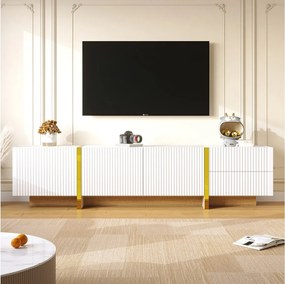 Szafka RTV z 2 szufladami i 3 drzwiami - 190 x 35 x 45 cm - drewno MDF i płyta wiórowa - biały + złoty