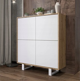 Komoda z 4 drzwiami – korpus dąb wotan fronty białe matowe – 113 cm, metalowe nogi