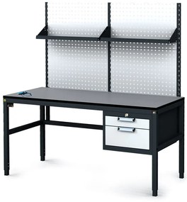 Antystatyczny stół warsztatowy ESD z panelem perforowanym i półkami, 2 skrzynki szufladowe na narzędzia, 1600 x 800 x 745-985 mm
