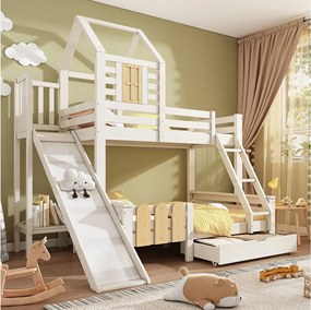 Łóżko piętrowe dziecięce kabinowe - 90 x 200 + 140 x 200 cm - z szufladą + zjeżdżalnią + drabinką - Metal + drewno - białe