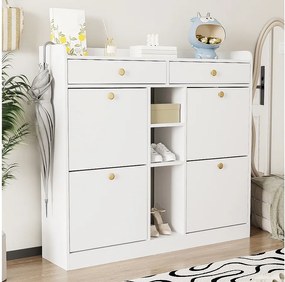 Szafka na buty z 2 szufladami, 3 otwartymi przegrodami i 4 drzwiami uchylnymi - 110 x 26 x 100 cm - Płyta wiórowa - Biała
