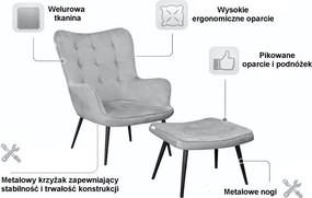 Fotel wypoczynkowy RELAX uszak z podnóżkiem : Kolor nogi - Czarna stożek, Kolor tkaniny - VELVET - MG17, Typ tkaniny - Velvet
