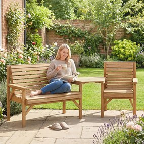 Outsunny Zestaw 3 krzeseł ogrodowych, meble balkonowe z otworem na parasol, krzesło ogrodowe, ławka, odłączany stolik 121x65x90 cm naturalne drewno | Aosom PL