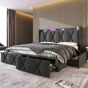 Łóżko tapicerowane 160 x 200 cm z wezgłowiem i 4 szufladami - USB - tkanina lniana - szare