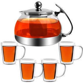 Monzana Zestaw do herbaty z sitkiem TEA 1,2L + 4 filiżanki, przezroczysty, srebrny