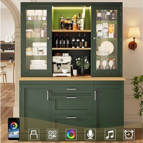 Wysoka komoda kuchenna - 140 x 40 x 185 cm - z 3 szufladami + 2 drzwiami do przechowywania + diodami LED + półkami - MDF - zielona