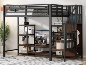 Łóżko na antresoli 90x200 cm - z gniazdkiem elektrycznym - drabina bezpieczeństwa - z miejscem do przechowywania - Czarny (materac nie jest dołączony)