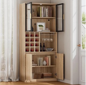 Szafka barowa - 80 x 40 x 180 cm - z 2 szklanymi drzwiami + diodami LED + 2 drewniane drzwi - MDF - naturalny