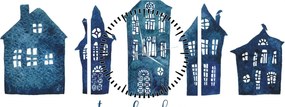 Obraz - Niebieskie domy akwarelowe (z zegarem) (90x30 cm)