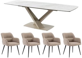 Zestaw stół MALATA + 4 krzesła HEKA - Efekt białego marmuru i beżowy