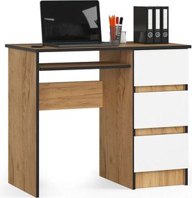 Biurko komputerowe AKORD A6 Dąb Craft 90 cm prawe 3 szuflady kolor Biały mat 1 półka 90x50x77 cm
