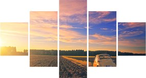 Obraz żółtego samochodu na polu (125x70 cm)