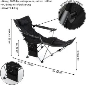 Krzesło kempingowe ze zdejmowanym podnóżkiem, czarne
