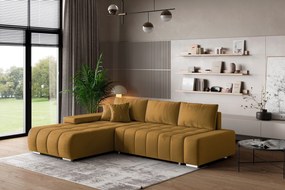 Masseno Narożnik ALESE z funkcją spania i pojemnikiem na pościel Narozniki L, Rozkładana sofa - Żółty, MONOLITH 48