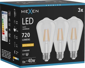 Mexen Vintis 3x żarówka filament LED E27, ST64, 6W, Ciepła - 2200K, 720 lm, clear - L152-E27-0622-00x03