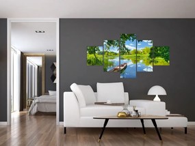 Obraz letniej rzeki z łodzią (125x70 cm)