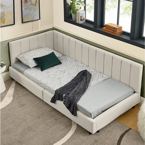 Sofa rozkładana 90x200 cm Łóżko dziecięce z oparciem i drewnianym stelażem - beżowy aksamit (bez materaca)