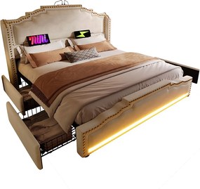 Łóżko podwójne tapicerowane 180x200cm - z 4 szufladami - z LED i portami ładowania - Beżowe