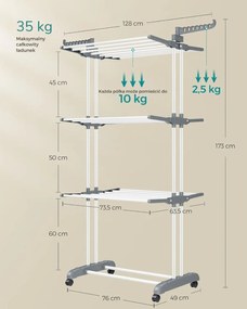 Suszarka na pranie ELTON z 4 poziomami na kółkach, 63,5x128x173cm,biały/szary SongmicsHome