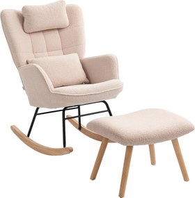 HOMCOM Fotel bujany z podnóżkiem, miękki polar, drewniane nogi, poduszka, wysokie oparcie, fotel bujany, Beżowy