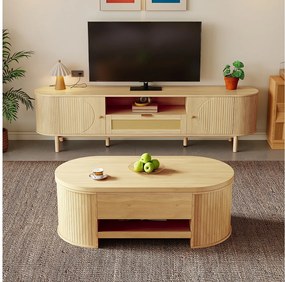 Zestaw stolik pod TV + regulowany stolik kawowy - nowoczesny design - z szufladami + drzwiami - MDF - naturalny