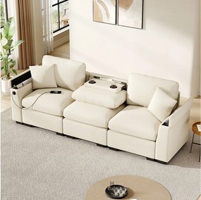 Sofa 3-osobowa - 242 x 88 x 80 cm - ze składanym stolikiem + portem USB + ukrytym schowkiem - aksamit - beż